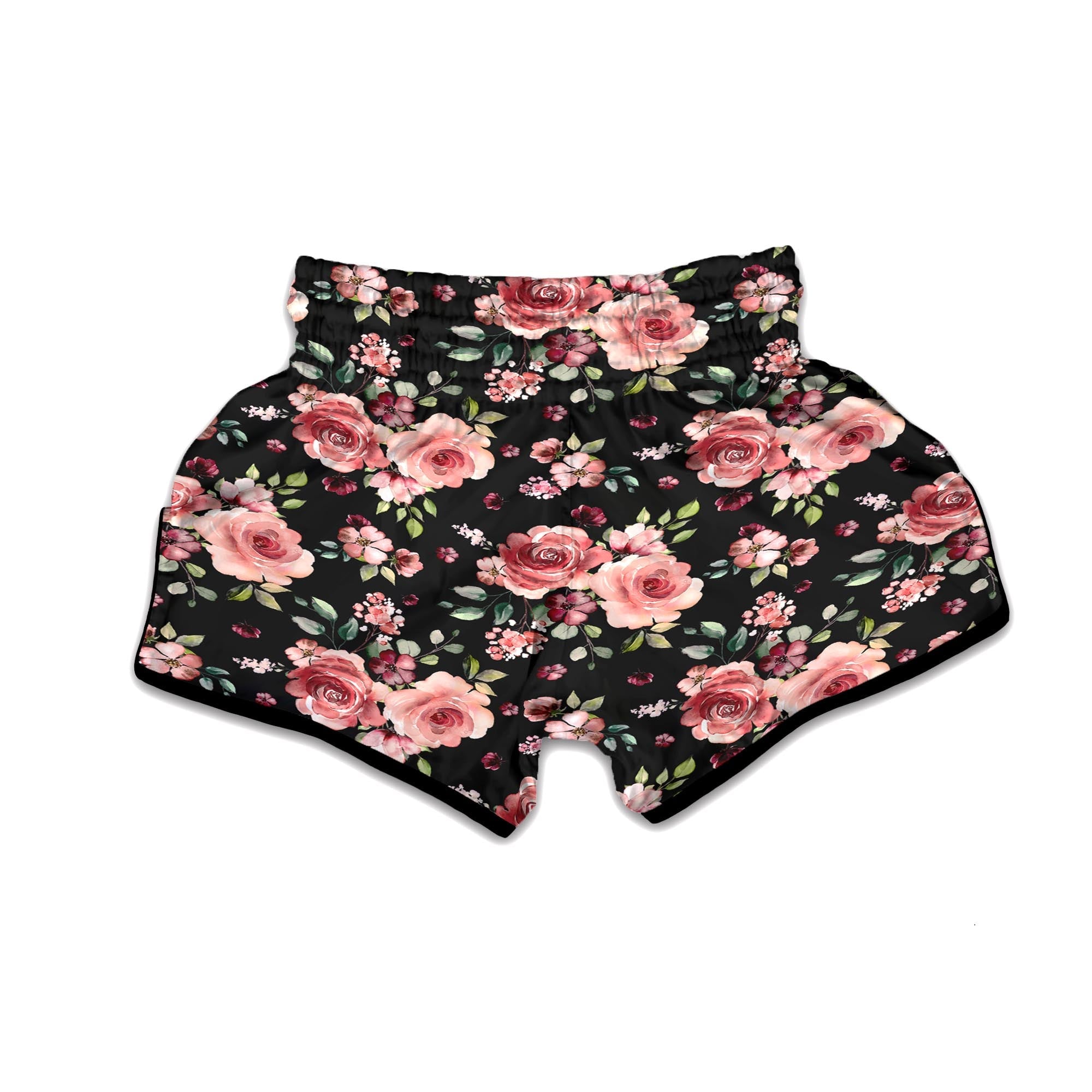 Black Pink Rose Flower Print Muay Thai Boxing Shorts-grizzshop