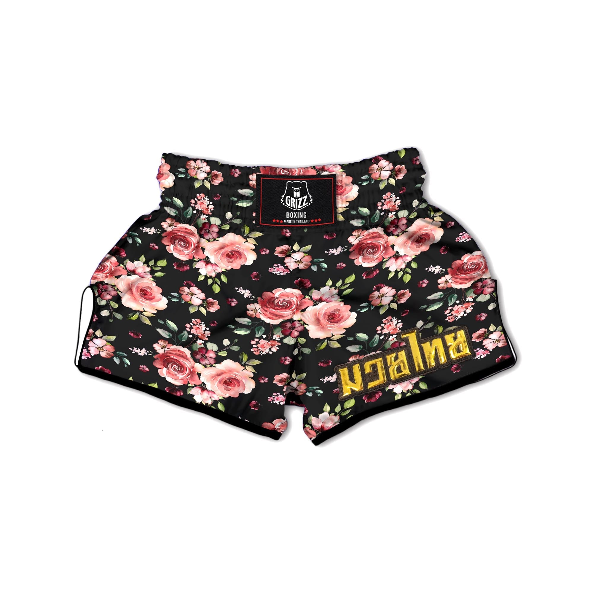 Black Pink Rose Flower Print Muay Thai Boxing Shorts-grizzshop