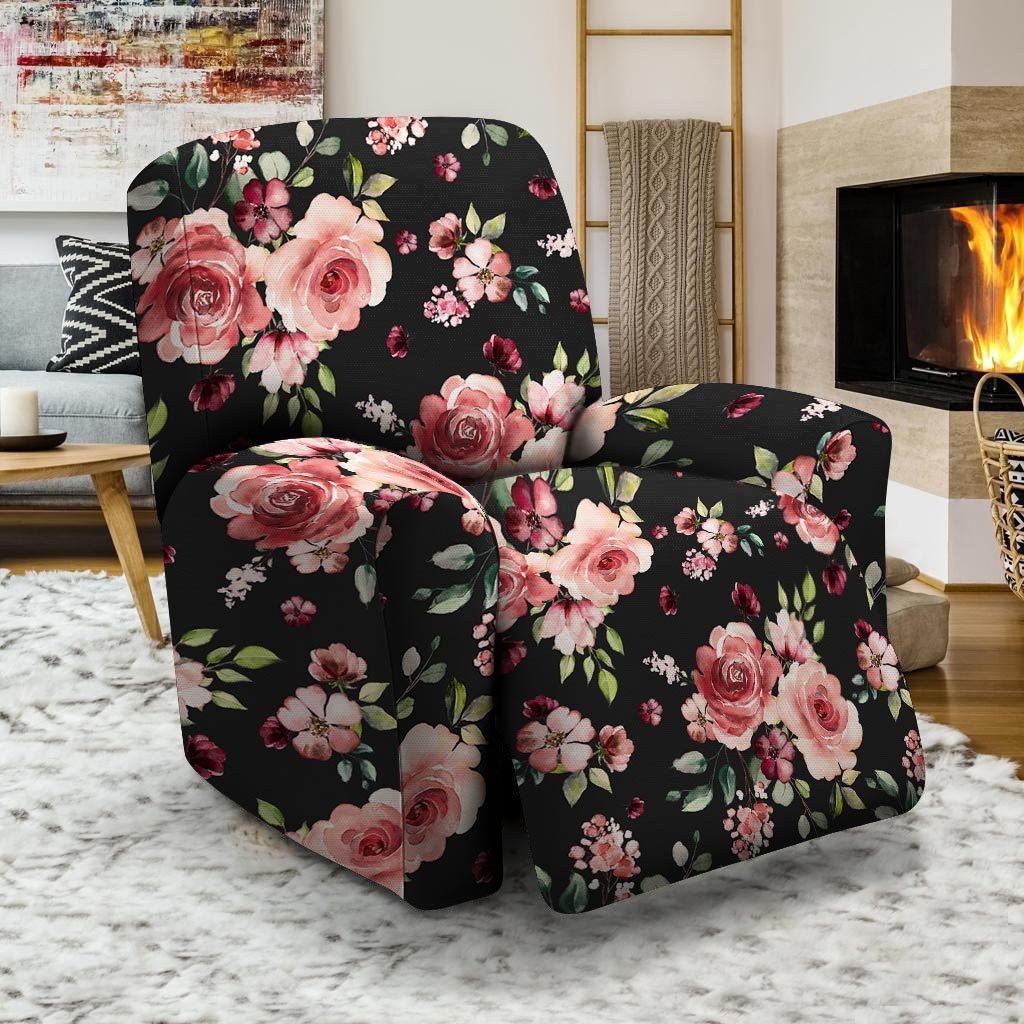 Black Pink Rose Flower Print Recliner Cover-grizzshop