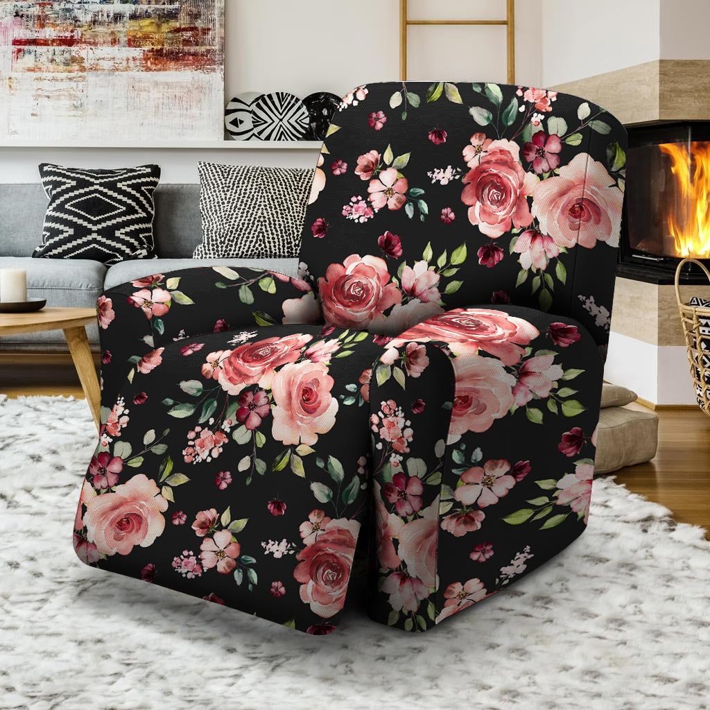 Black Pink Rose Flower Print Recliner Cover-grizzshop