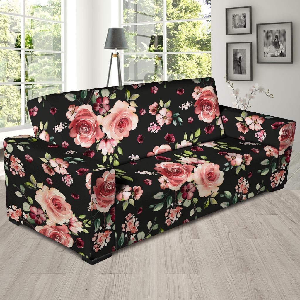 Black Pink Rose Flower Print Sofa Cover-grizzshop