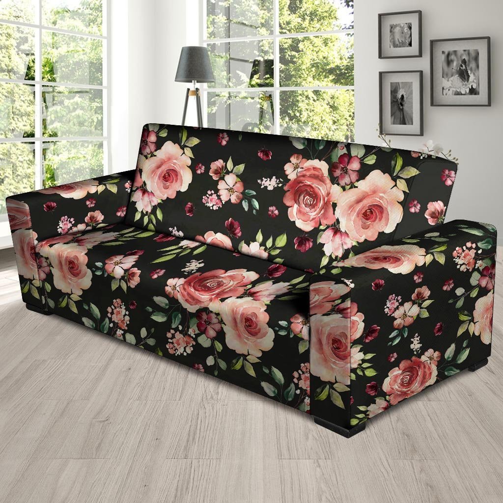 Black Pink Rose Flower Print Sofa Cover-grizzshop