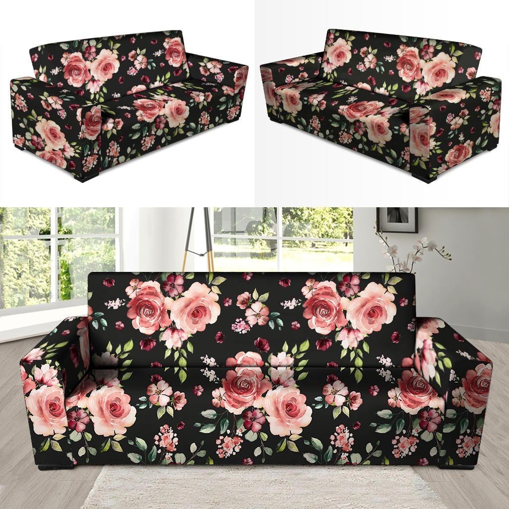 Black Pink Rose Flower Print Sofa Cover-grizzshop