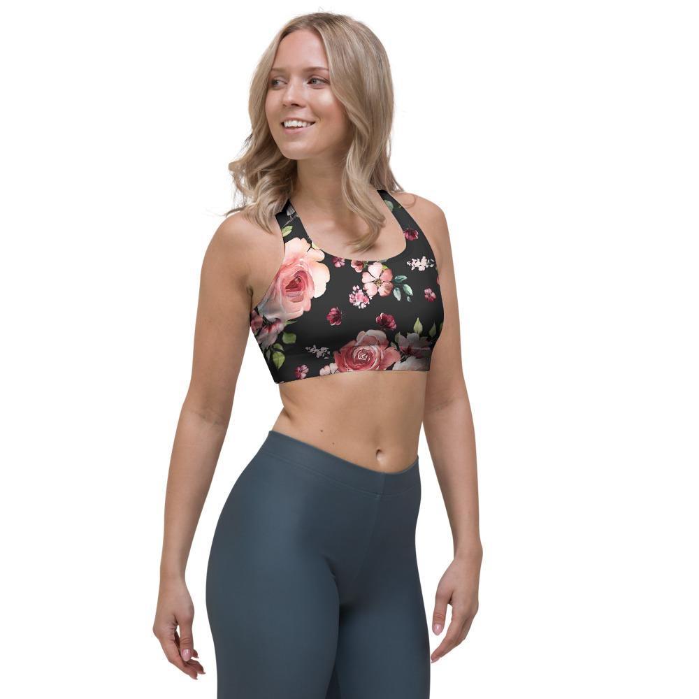 Black Pink Rose Flower Print Sports Bra-grizzshop