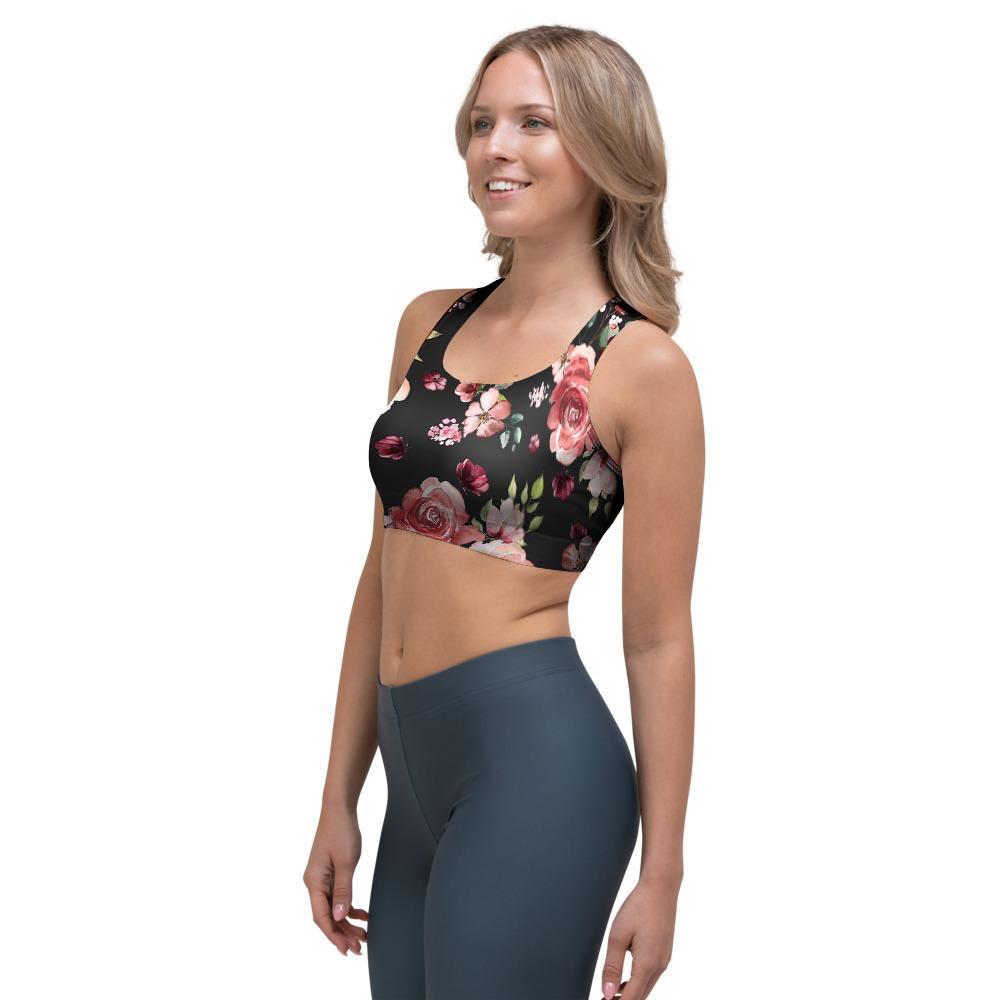 Black Pink Rose Flower Print Sports Bra-grizzshop