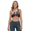 Black Pink Rose Flower Print Sports Bra-grizzshop