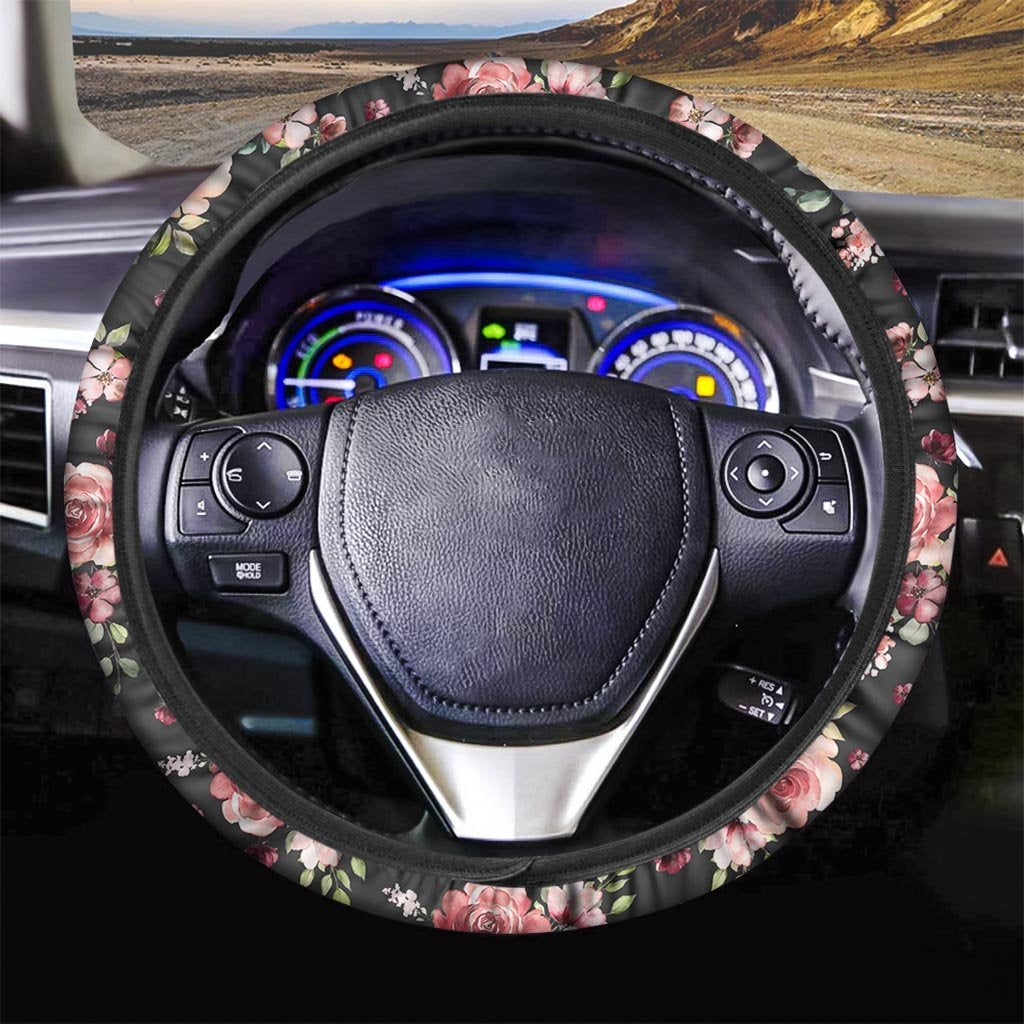 Black Pink Rose Flower Print Steering Wheel Cover-grizzshop