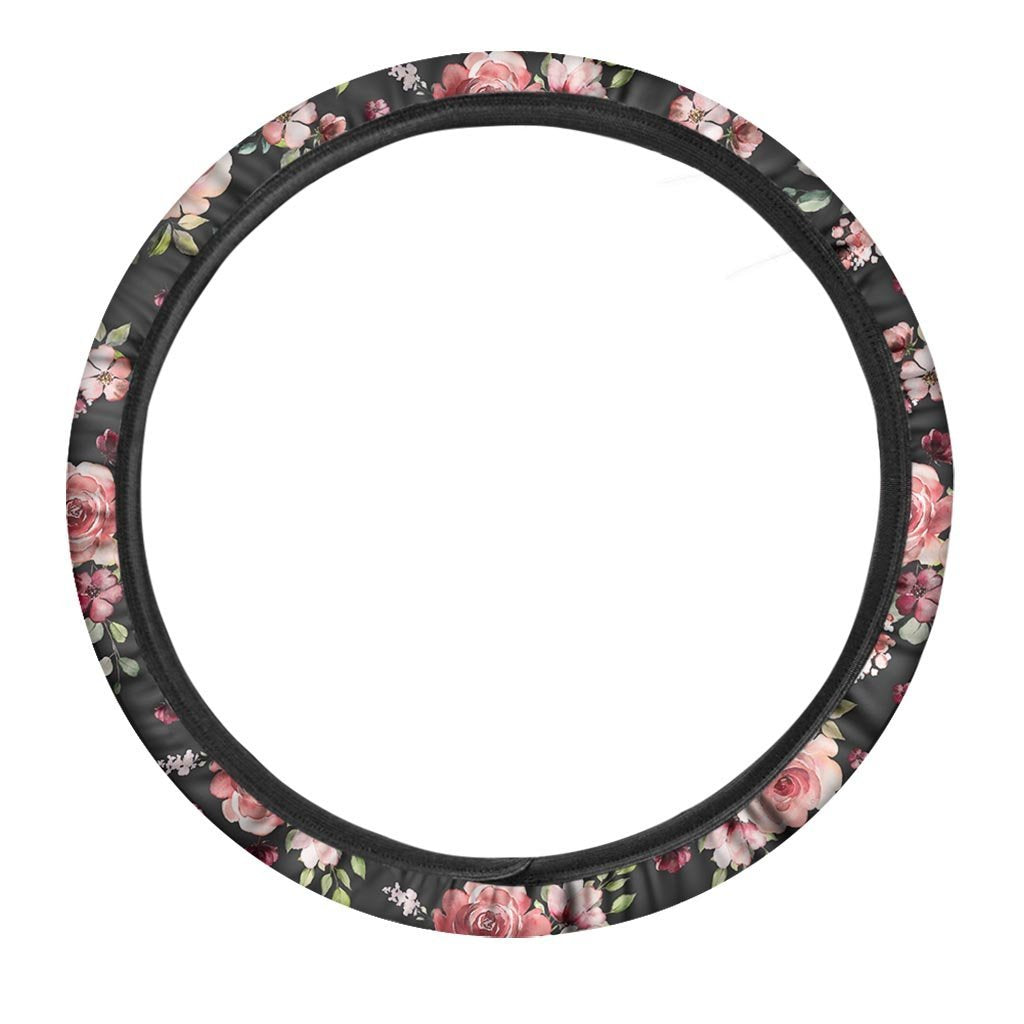 Black Pink Rose Flower Print Steering Wheel Cover-grizzshop