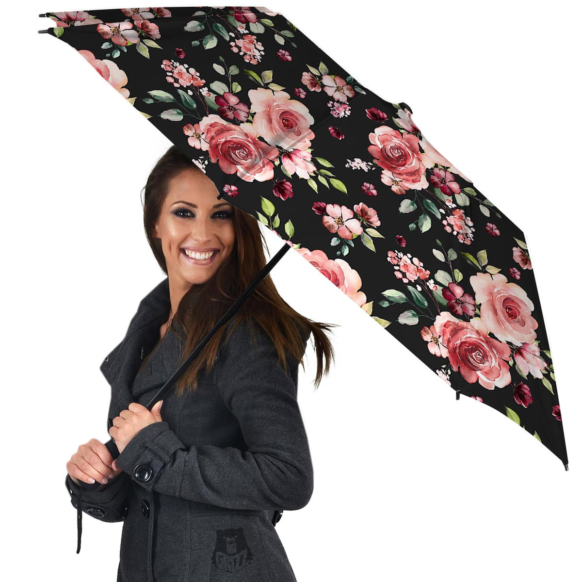 Black Pink Rose Flower Print Umbrella-grizzshop