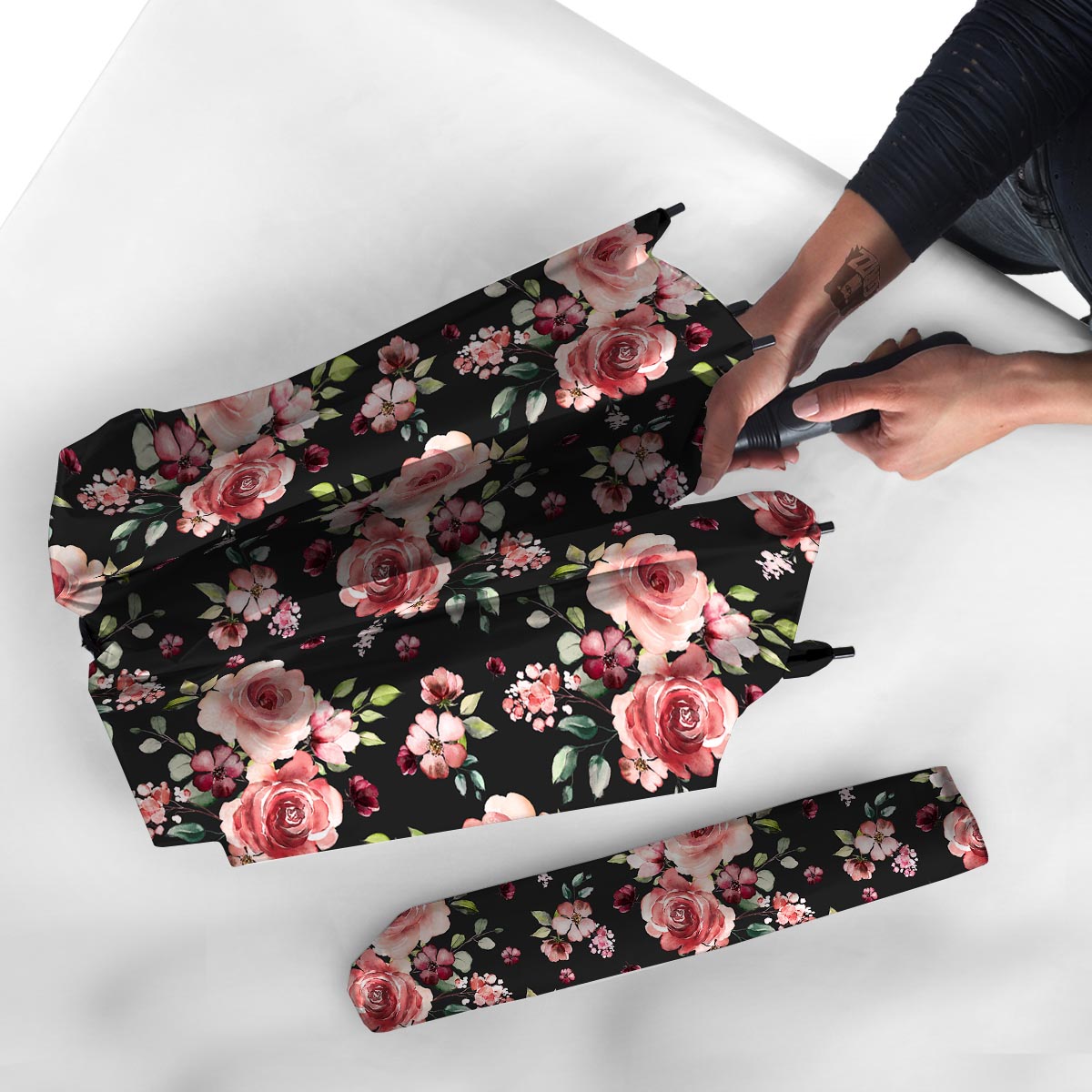 Black Pink Rose Flower Print Umbrella-grizzshop