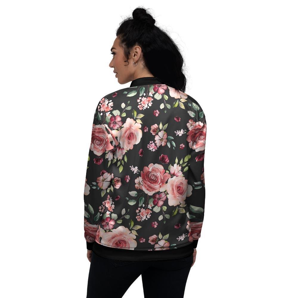 Black Pink Rose Flower Print Women's Bomber Jacket-grizzshop