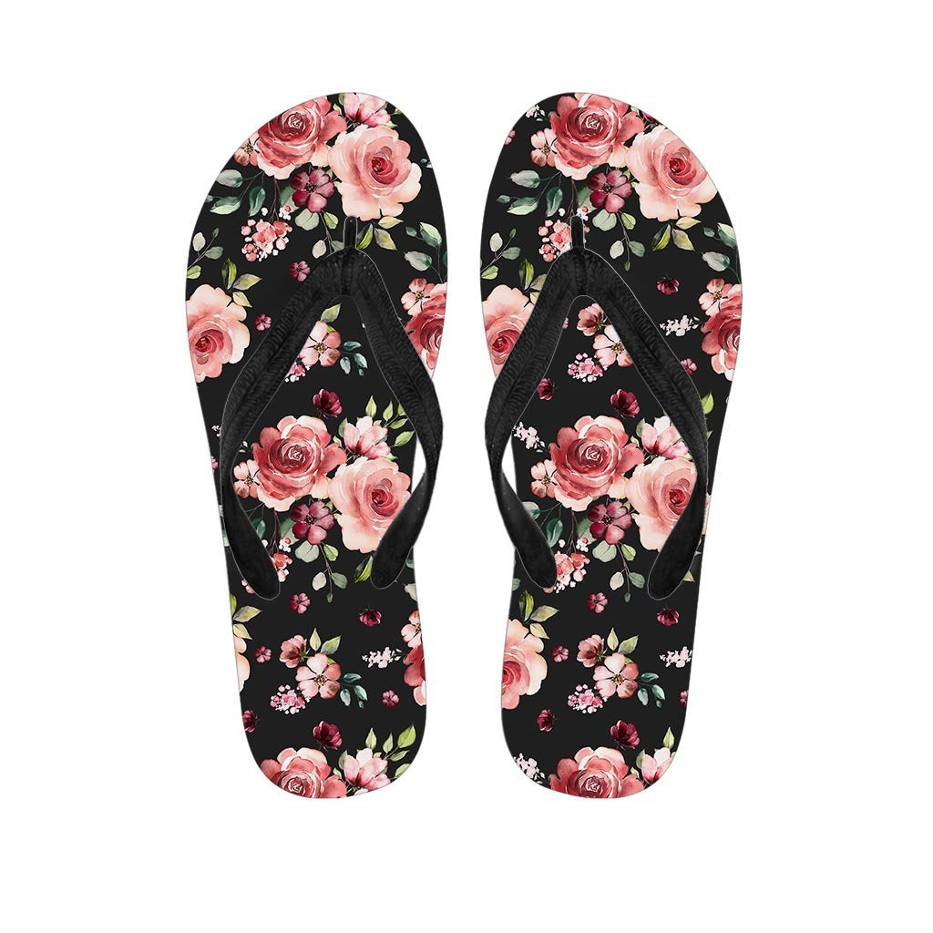 Black Pink Rose Flower Print Women's Flip Flops-grizzshop