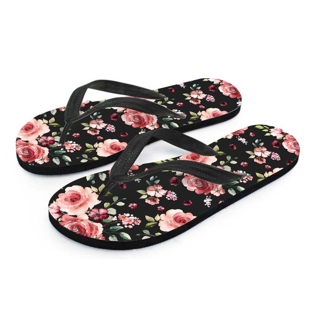 Black Pink Rose Flower Print Women's Flip Flops-grizzshop