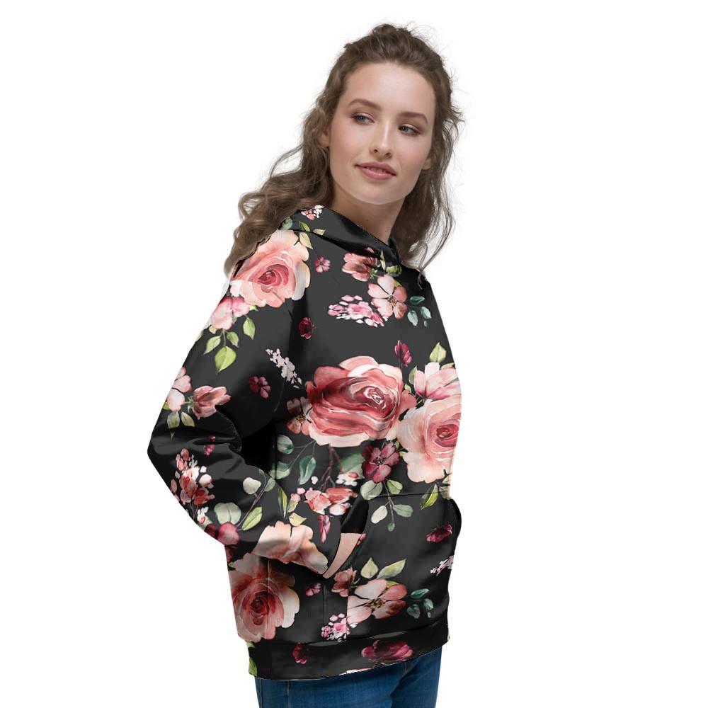 Black Pink Rose Flower Print Women's Hoodie-grizzshop