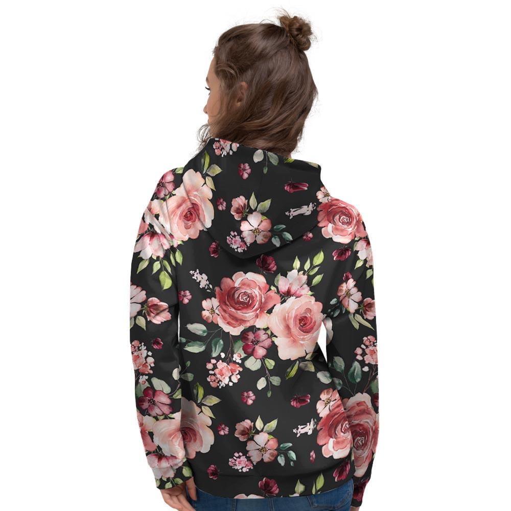 Black Pink Rose Flower Print Women's Hoodie-grizzshop