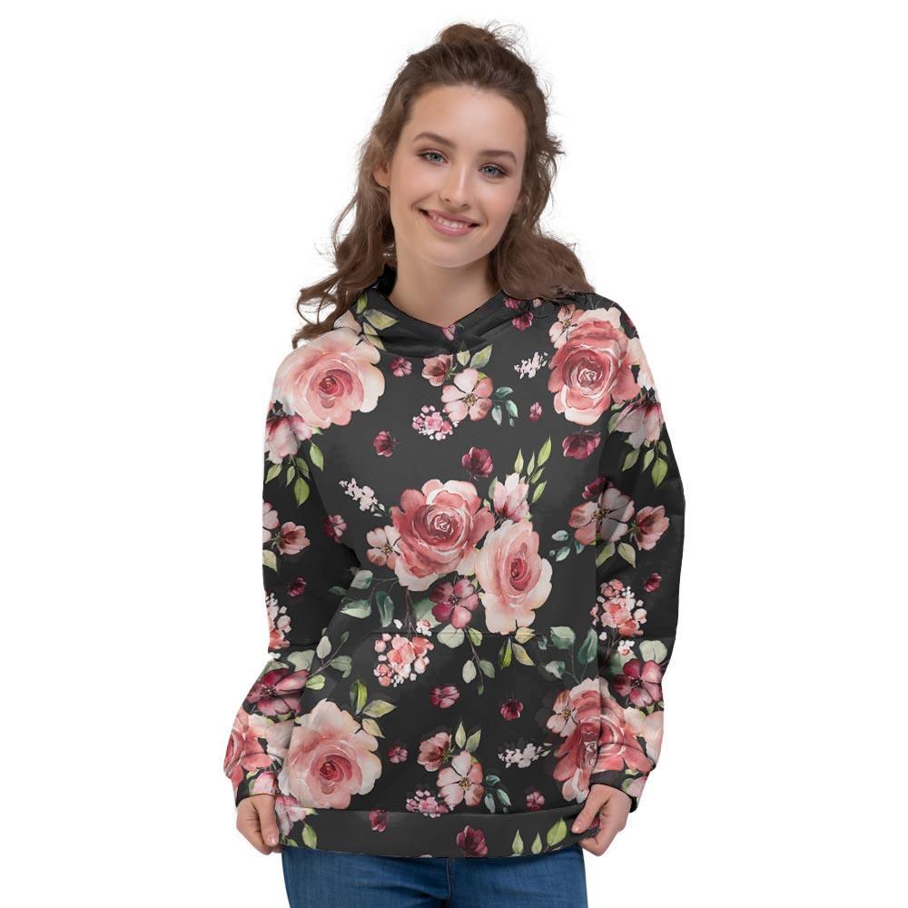 Black Pink Rose Flower Print Women's Hoodie-grizzshop