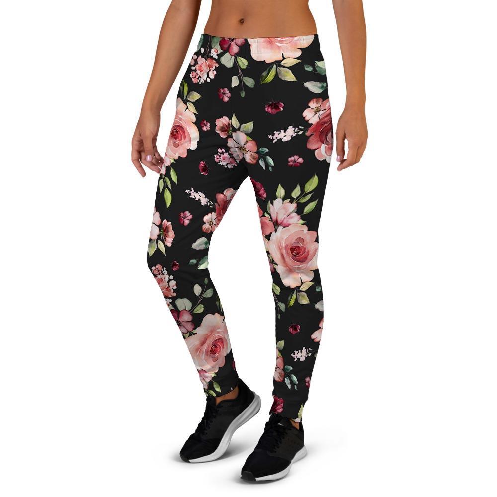 Black Pink Rose Flower Print Women's Joggers-grizzshop