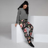 Black Pink Rose Flower Print Women's Joggers-grizzshop