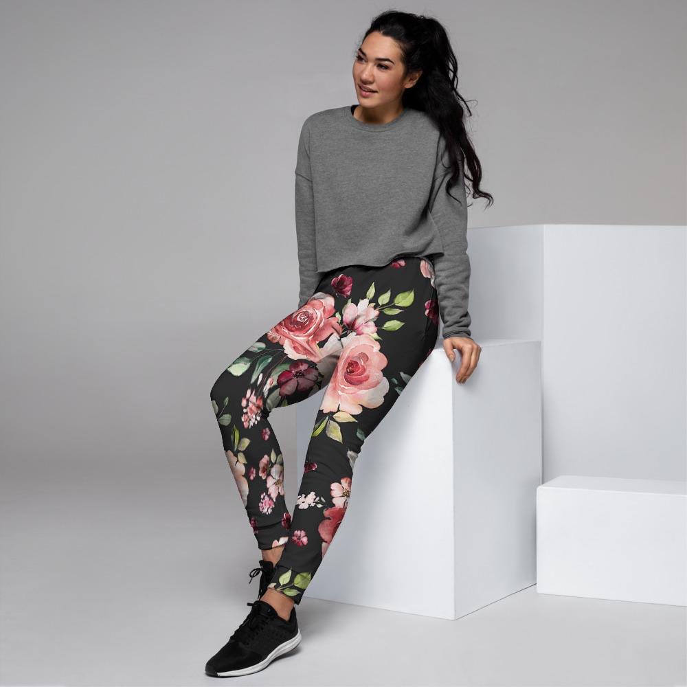 Black Pink Rose Flower Print Women's Joggers-grizzshop