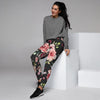 Black Pink Rose Flower Print Women's Joggers-grizzshop