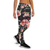 Black Pink Rose Flower Print Women's Joggers-grizzshop