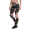 Black Pink Rose Flower Print Women's Leggings-grizzshop