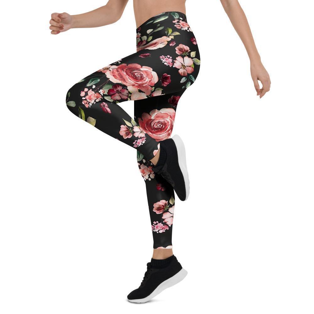 Black Pink Rose Flower Print Women's Leggings-grizzshop