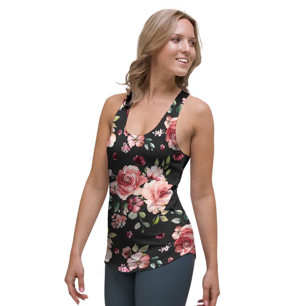 Black Pink Rose Flower Print Women's Racerback Tank Top-grizzshop
