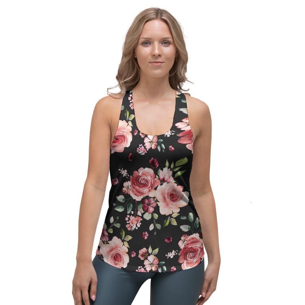 Black Pink Rose Flower Print Women's Racerback Tank Top-grizzshop