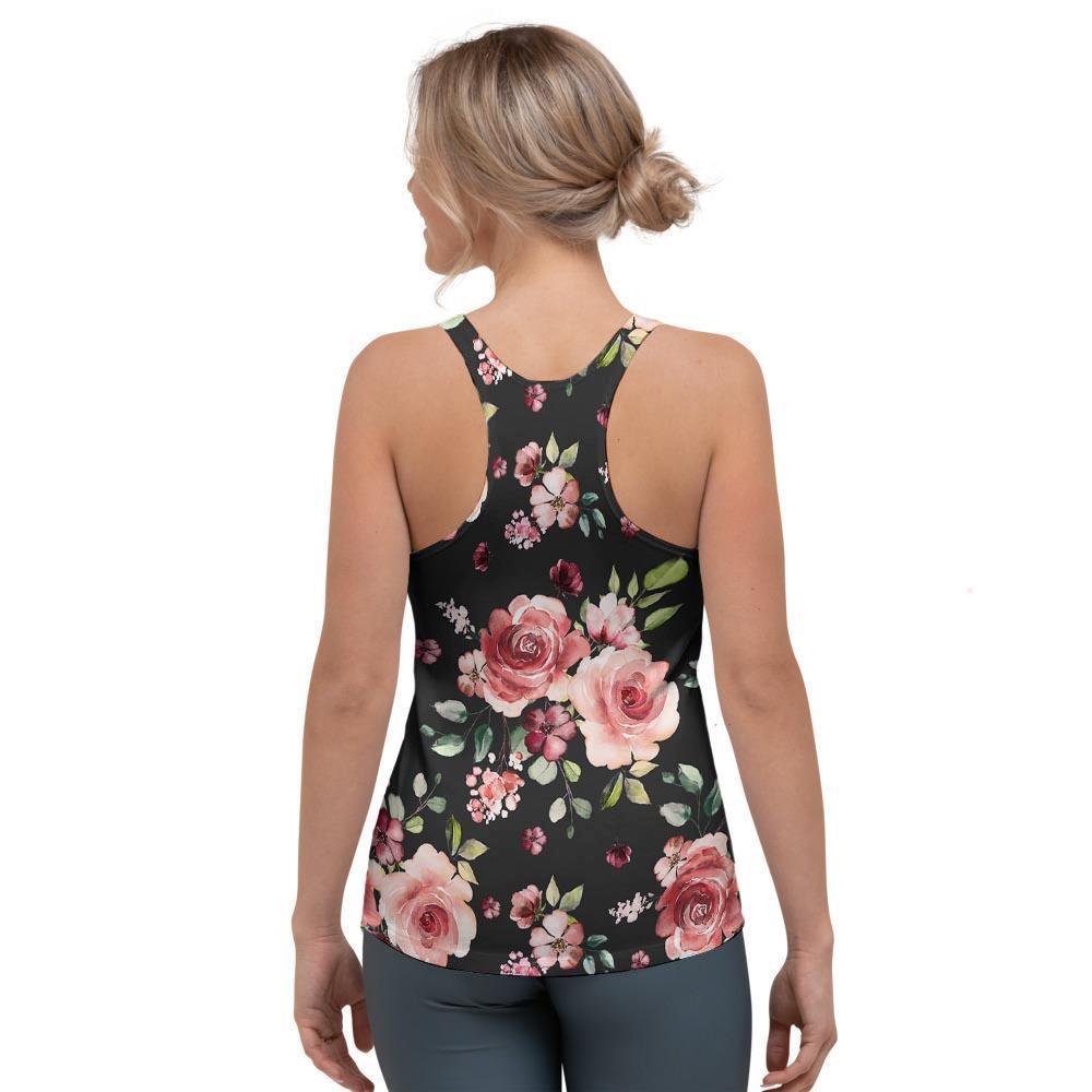 Black Pink Rose Flower Print Women's Racerback Tank Top-grizzshop