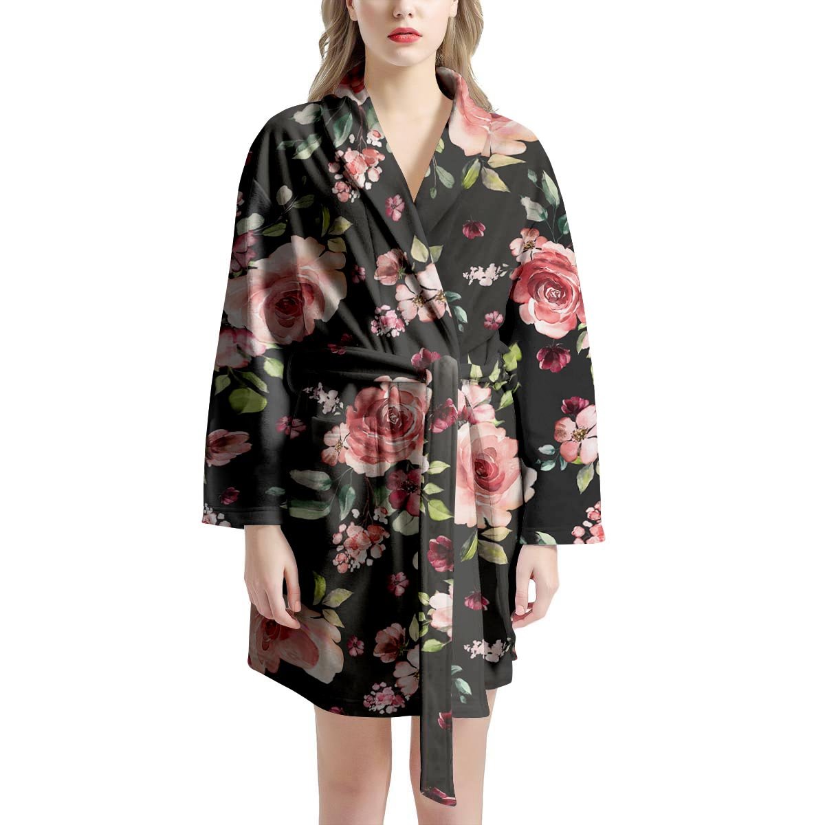 Black Pink Rose Flower Print Women's Robe-grizzshop