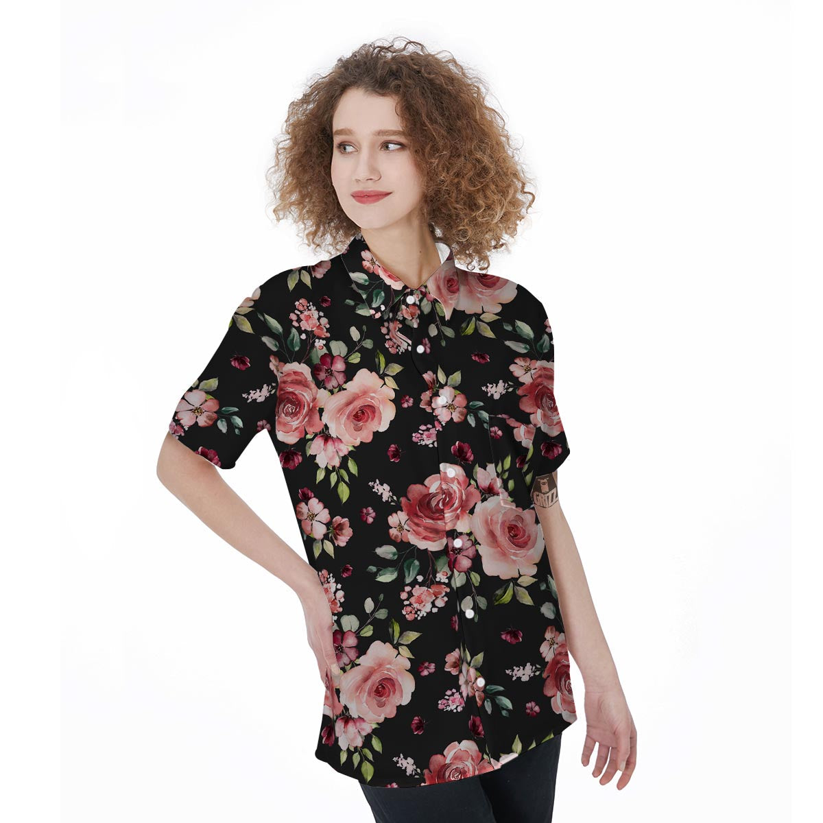 Black Pink Rose Flower Print Women's Short Sleeve Shirts-grizzshop