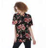 Black Pink Rose Flower Print Women's Short Sleeve Shirts-grizzshop