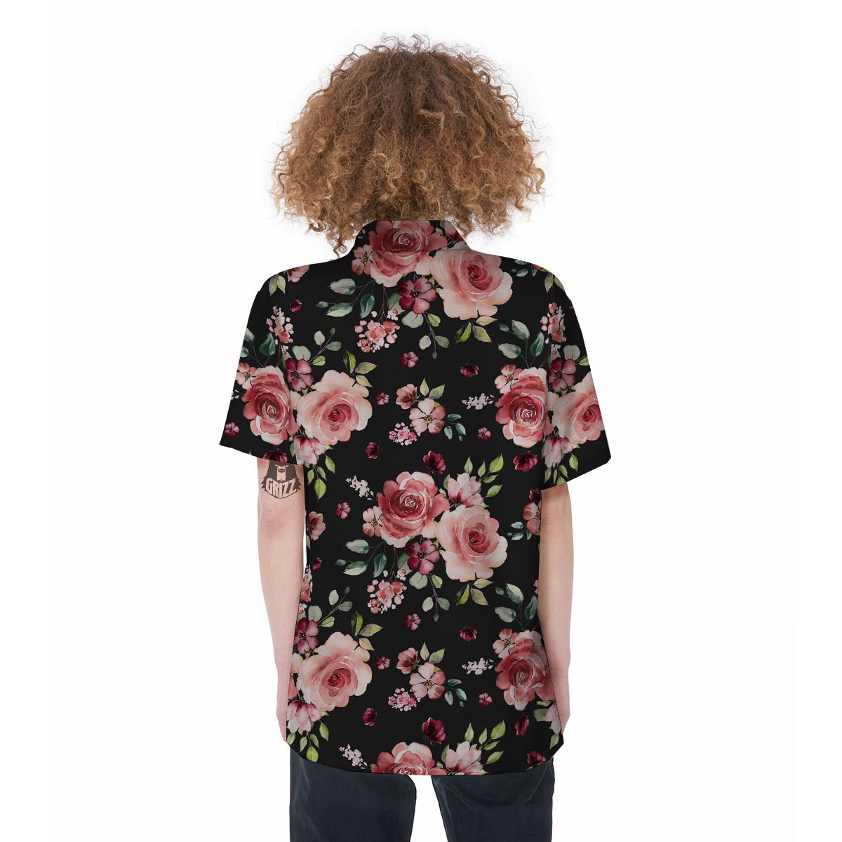 Black Pink Rose Flower Print Women's Short Sleeve Shirts-grizzshop