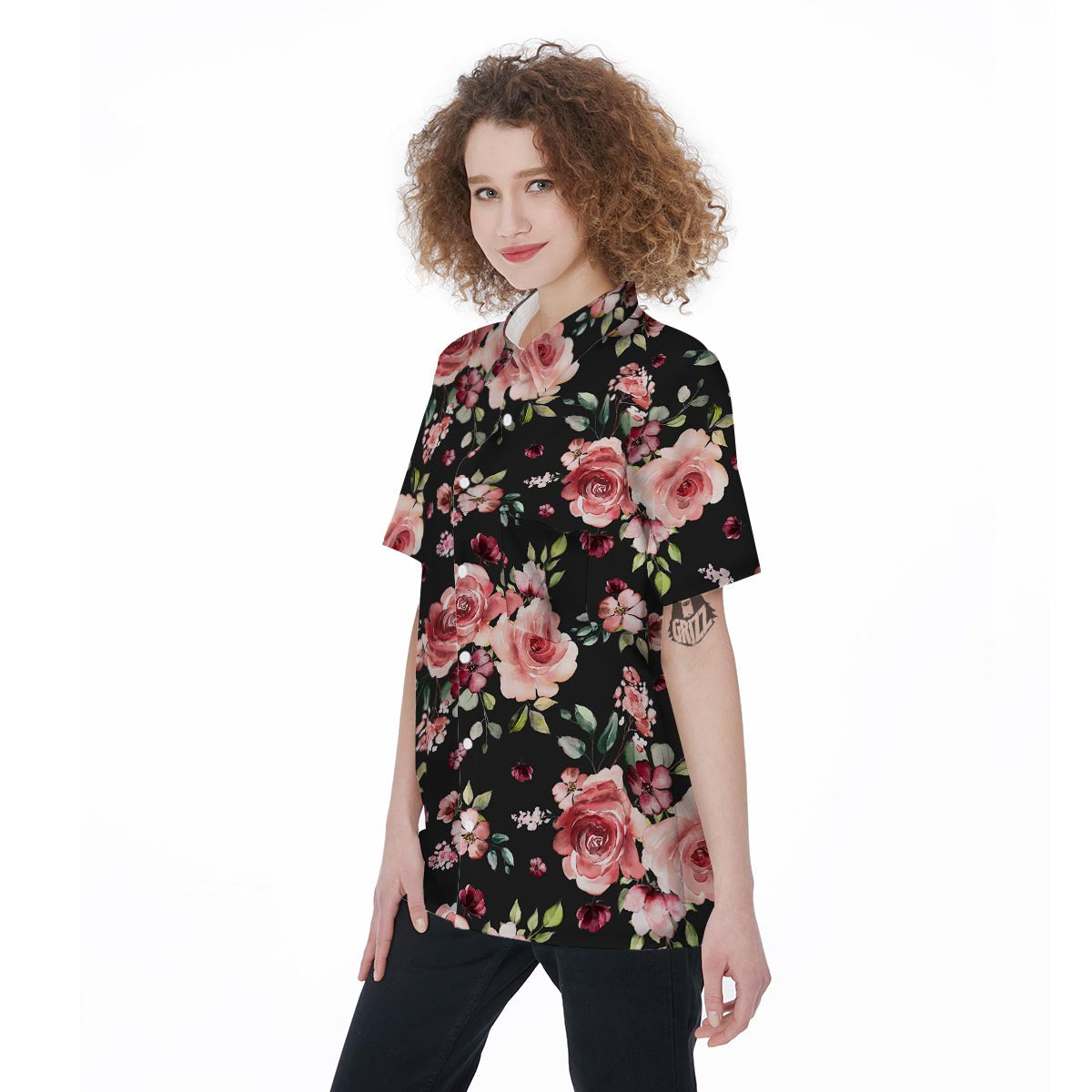 Black Pink Rose Flower Print Women's Short Sleeve Shirts-grizzshop