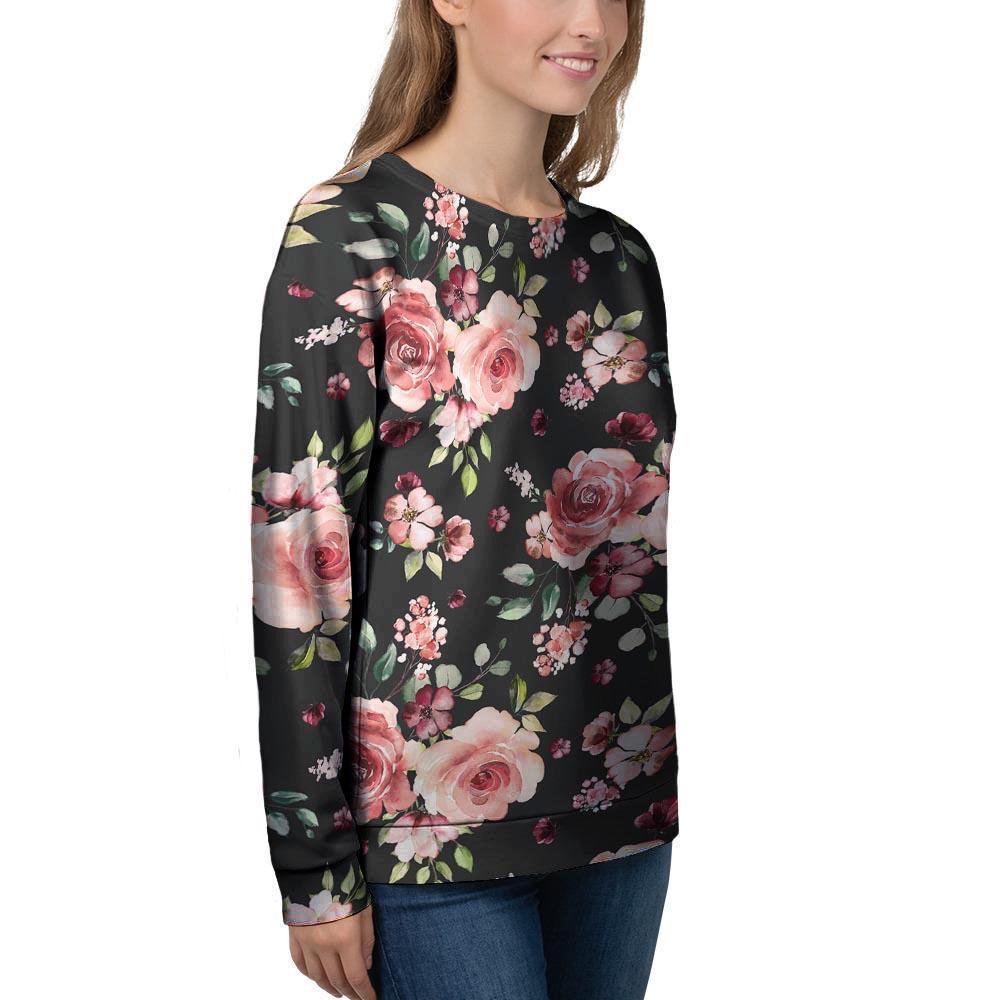 Black Pink Rose Flower Print Women's Sweatshirt-grizzshop