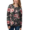 Black Pink Rose Flower Print Women's Sweatshirt-grizzshop