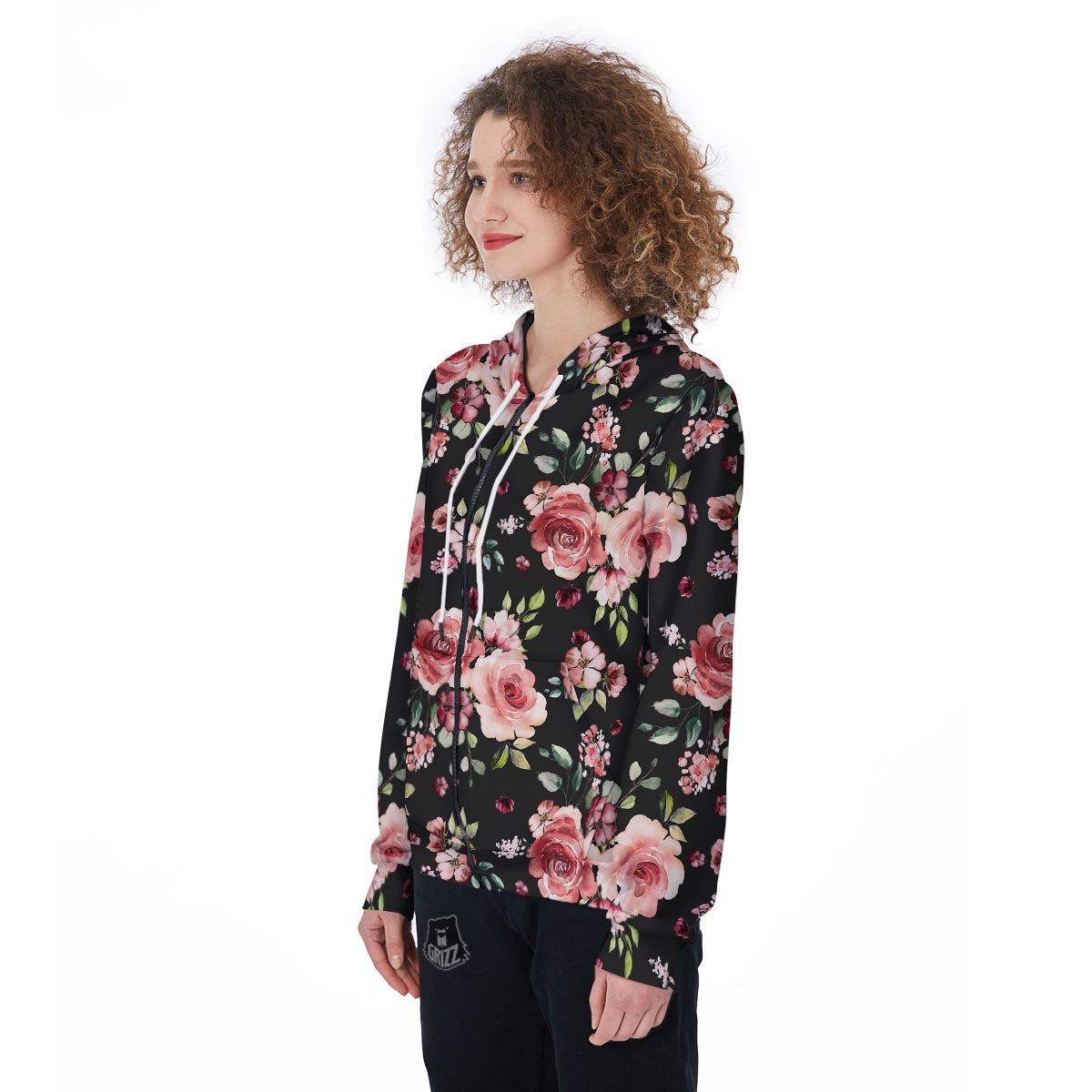 Black Pink Rose Flower Print Women's Zip Up Hoodie-grizzshop