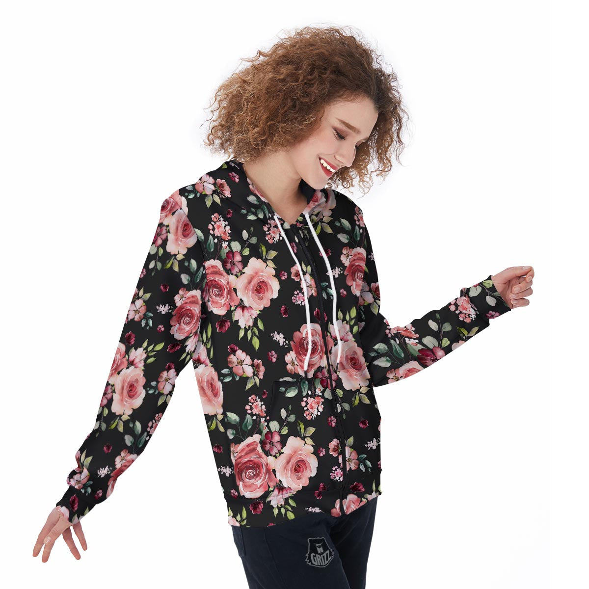 Black Pink Rose Flower Print Women's Zip Up Hoodie-grizzshop