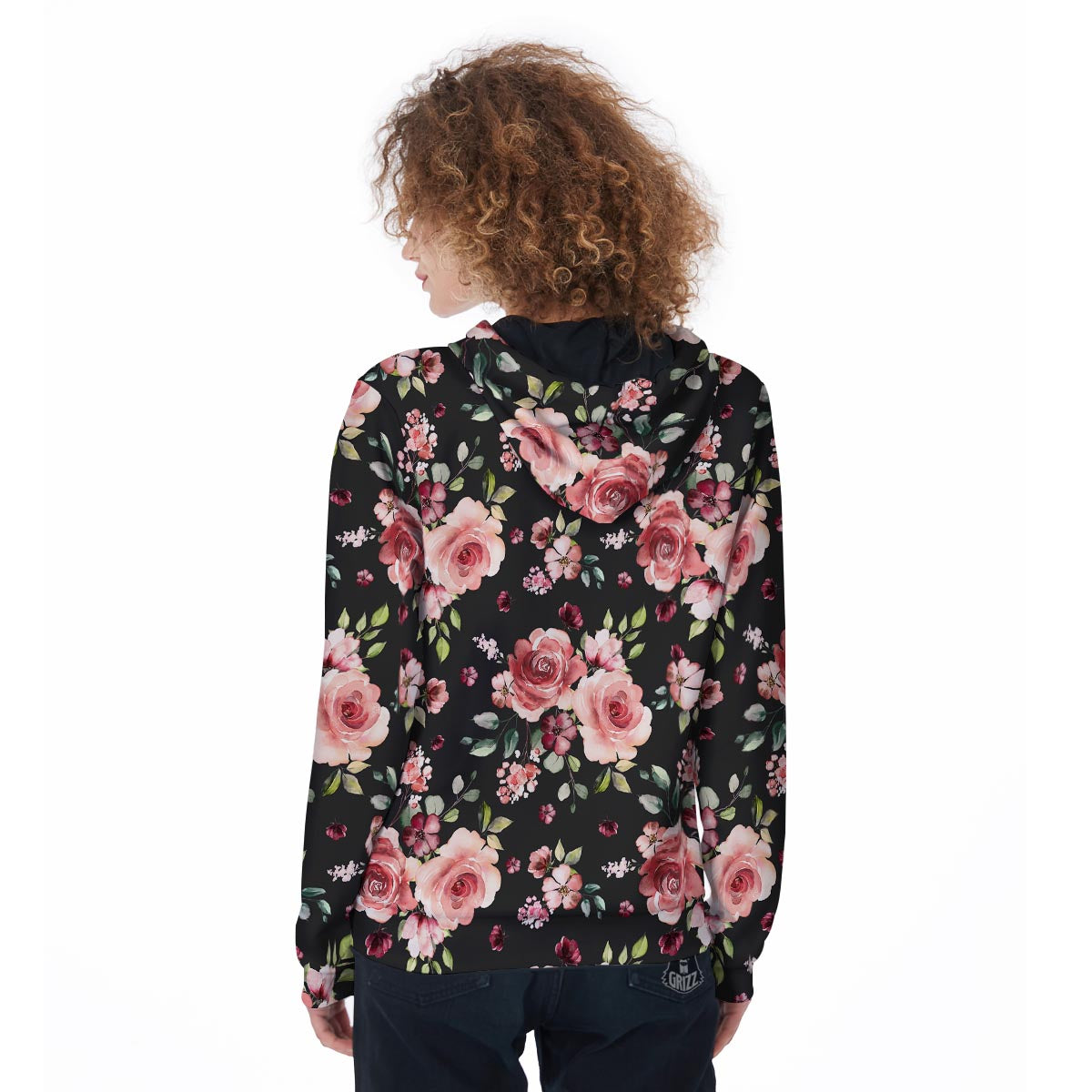 Black Pink Rose Flower Print Women's Zip Up Hoodie-grizzshop