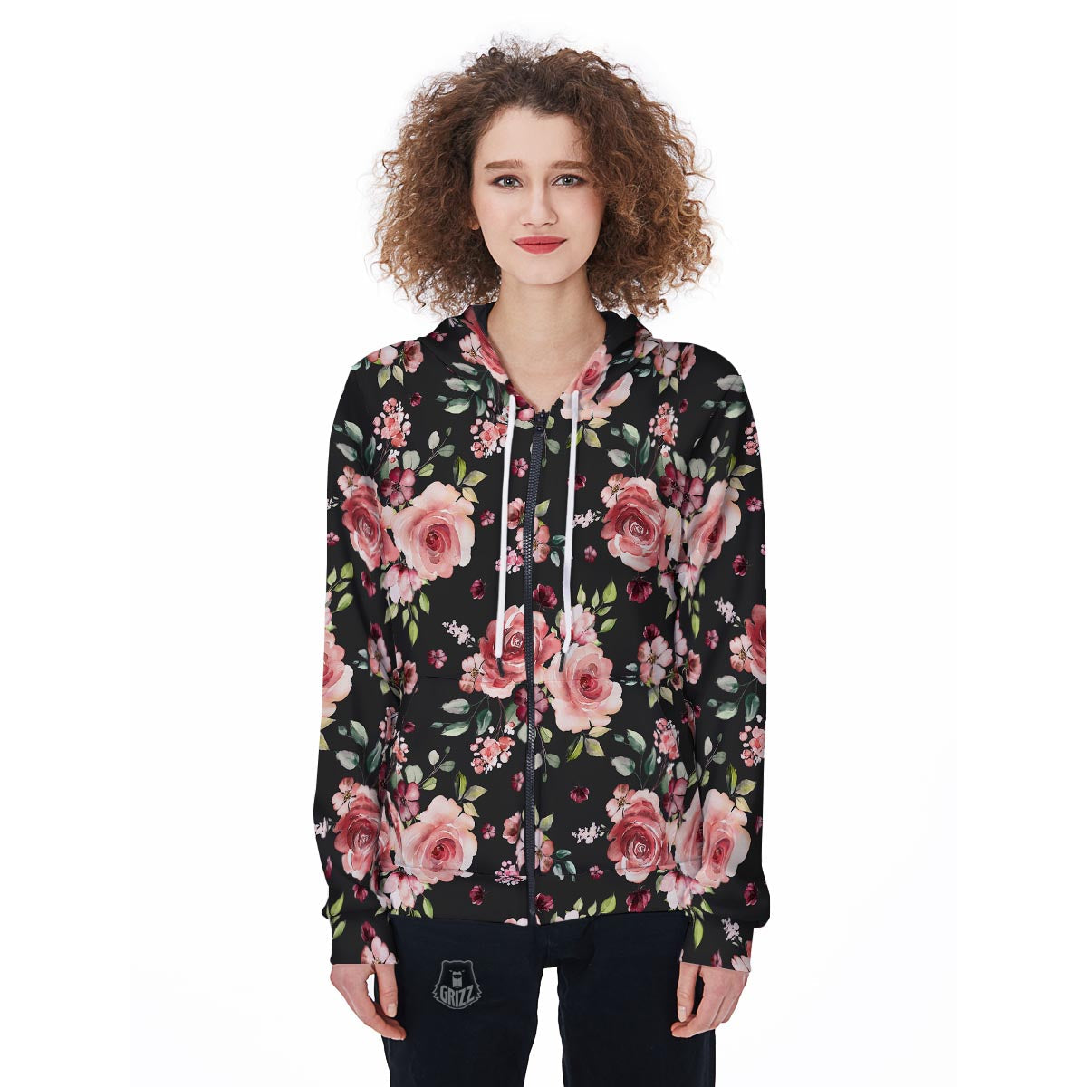 Black Pink Rose Flower Print Women's Zip Up Hoodie-grizzshop