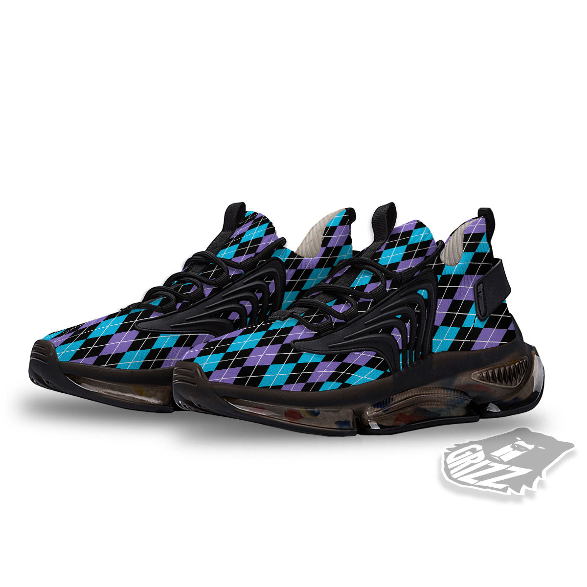 Black Purple And Blue Argyle Print Pattern Black Gym Shoes-grizzshop