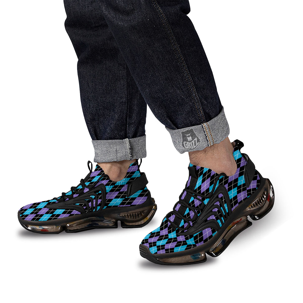 Black Purple And Blue Argyle Print Pattern Black Gym Shoes-grizzshop