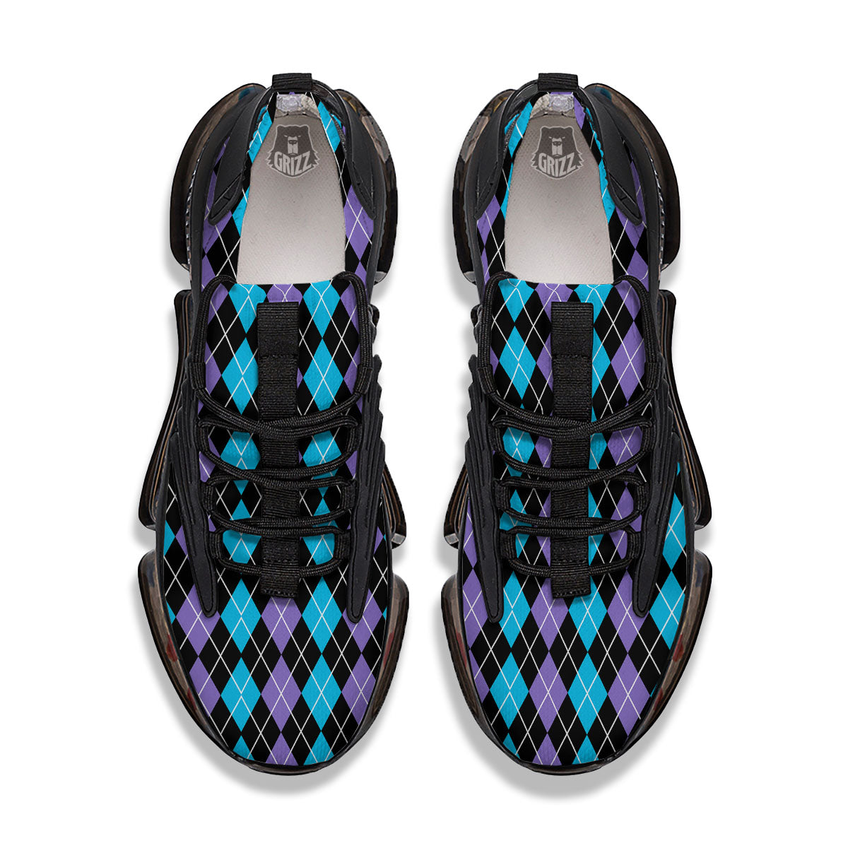 Black Purple And Blue Argyle Print Pattern Black Gym Shoes-grizzshop