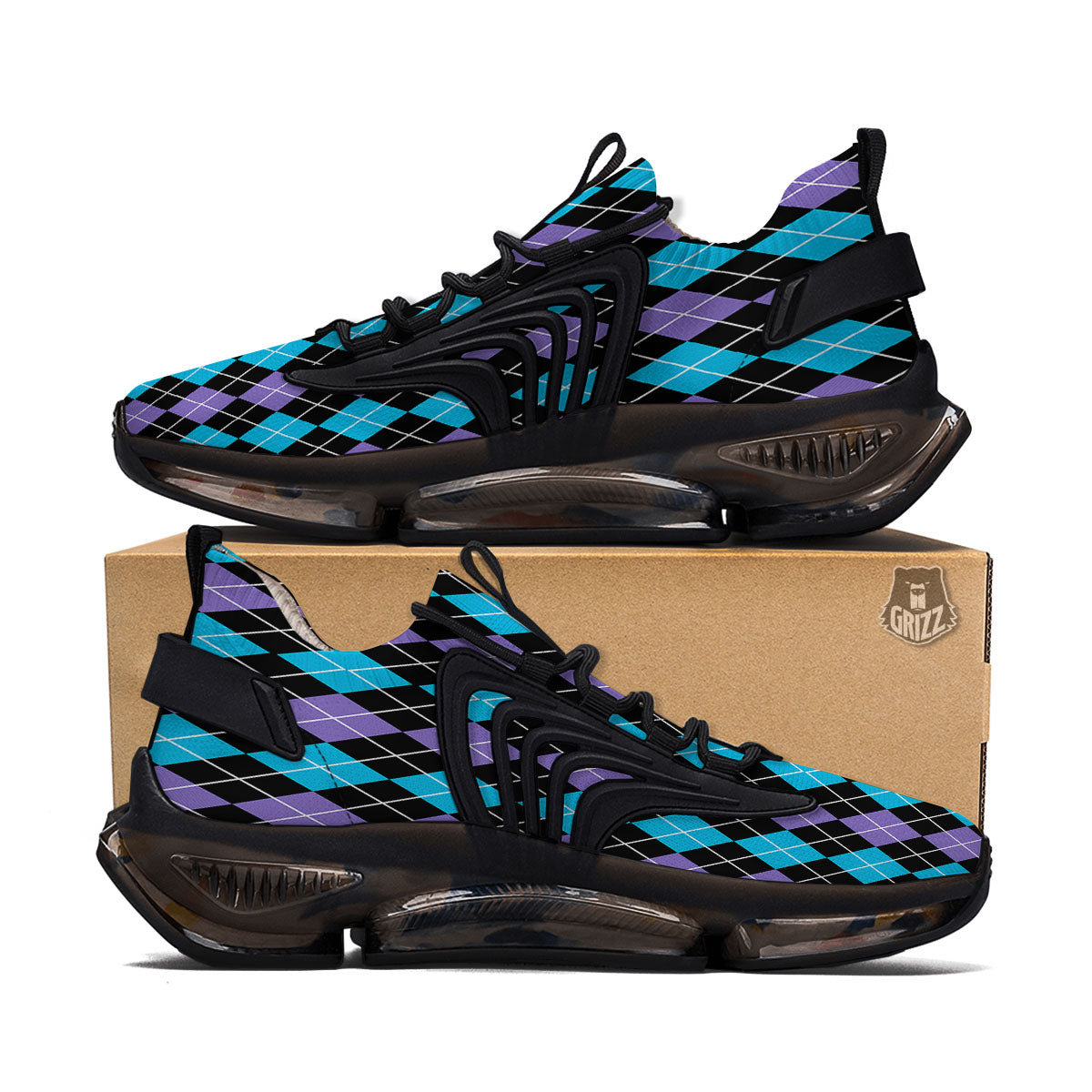 Black Purple And Blue Argyle Print Pattern Black Gym Shoes-grizzshop
