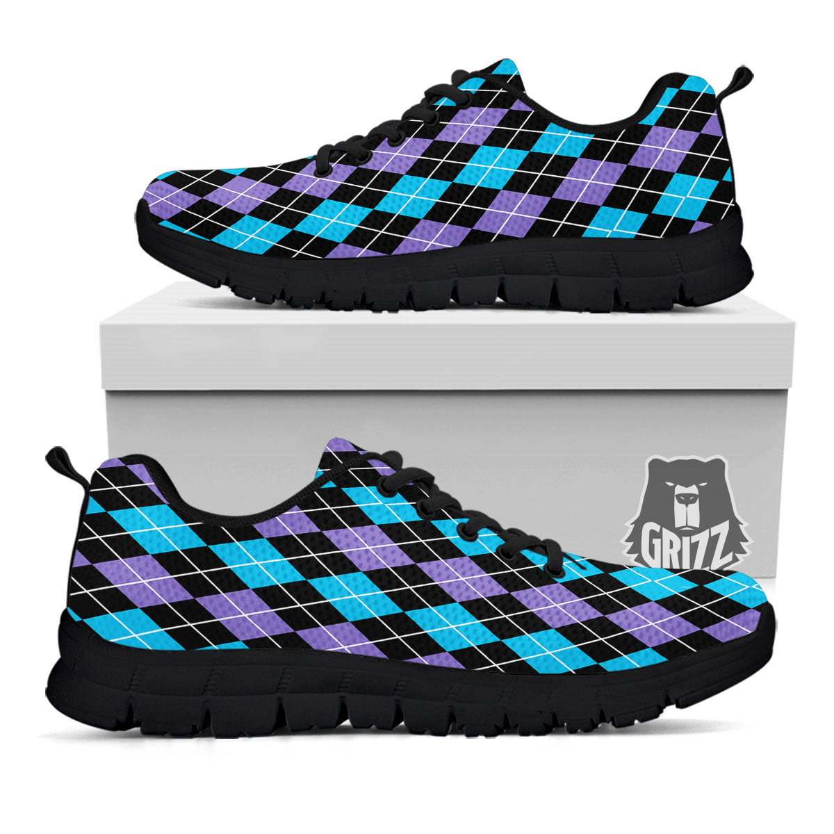 Black Purple And Blue Argyle Print Pattern Black Sneaker-grizzshop