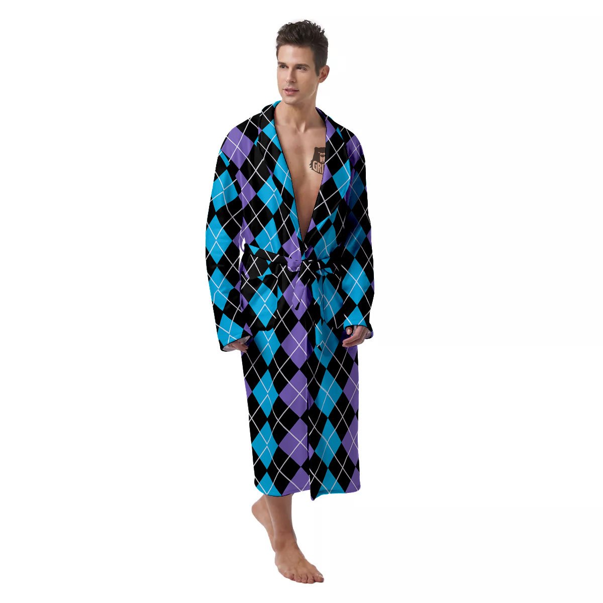 Black Purple And Blue Argyle Print Pattern Men's Robe-grizzshop