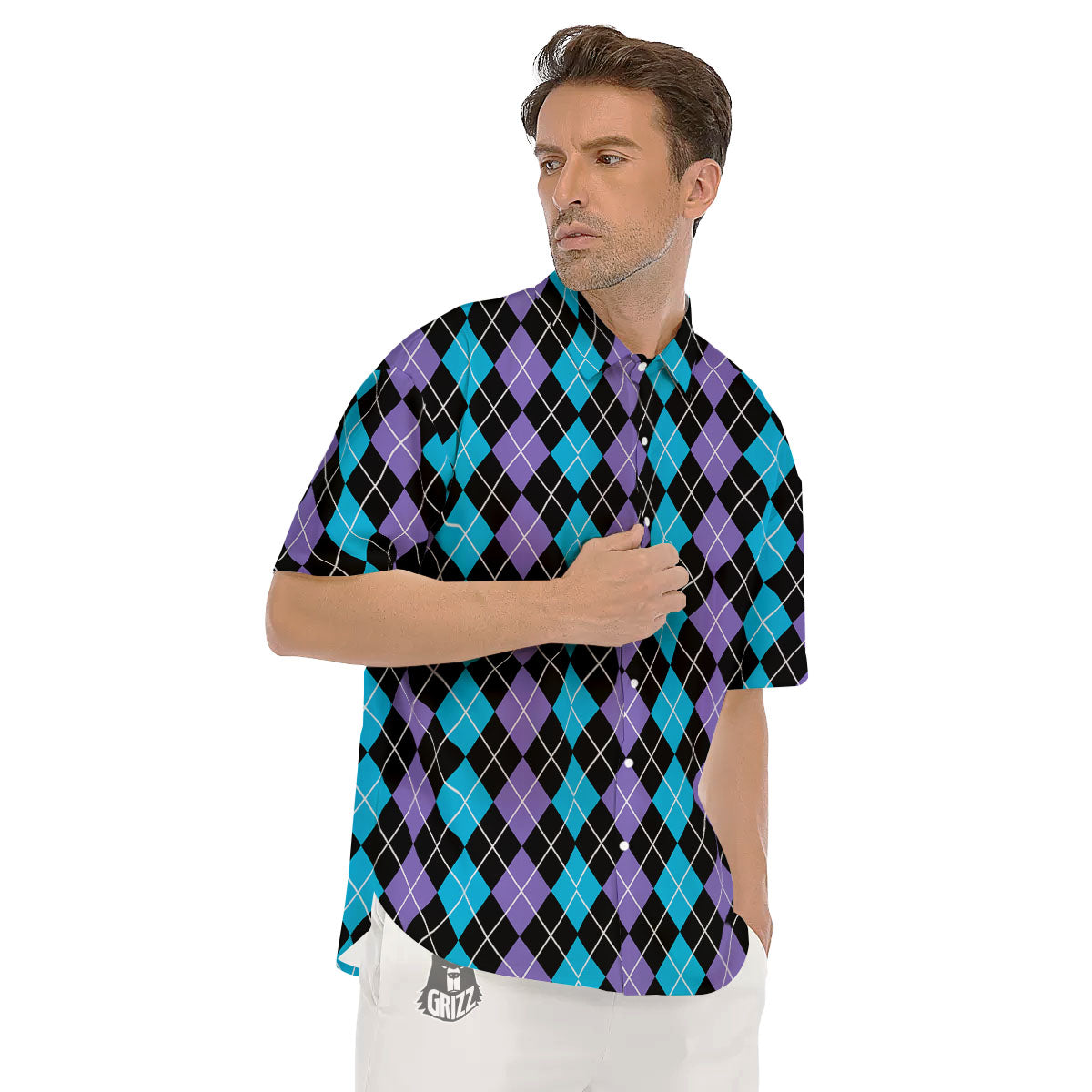 Black Purple And Blue Argyle Print Pattern Men's Short Sleeve Shirts-grizzshop