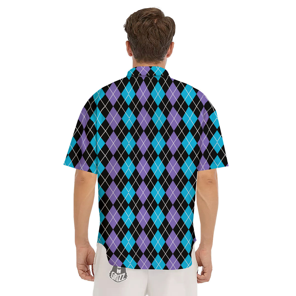 Black Purple And Blue Argyle Print Pattern Men's Short Sleeve Shirts-grizzshop