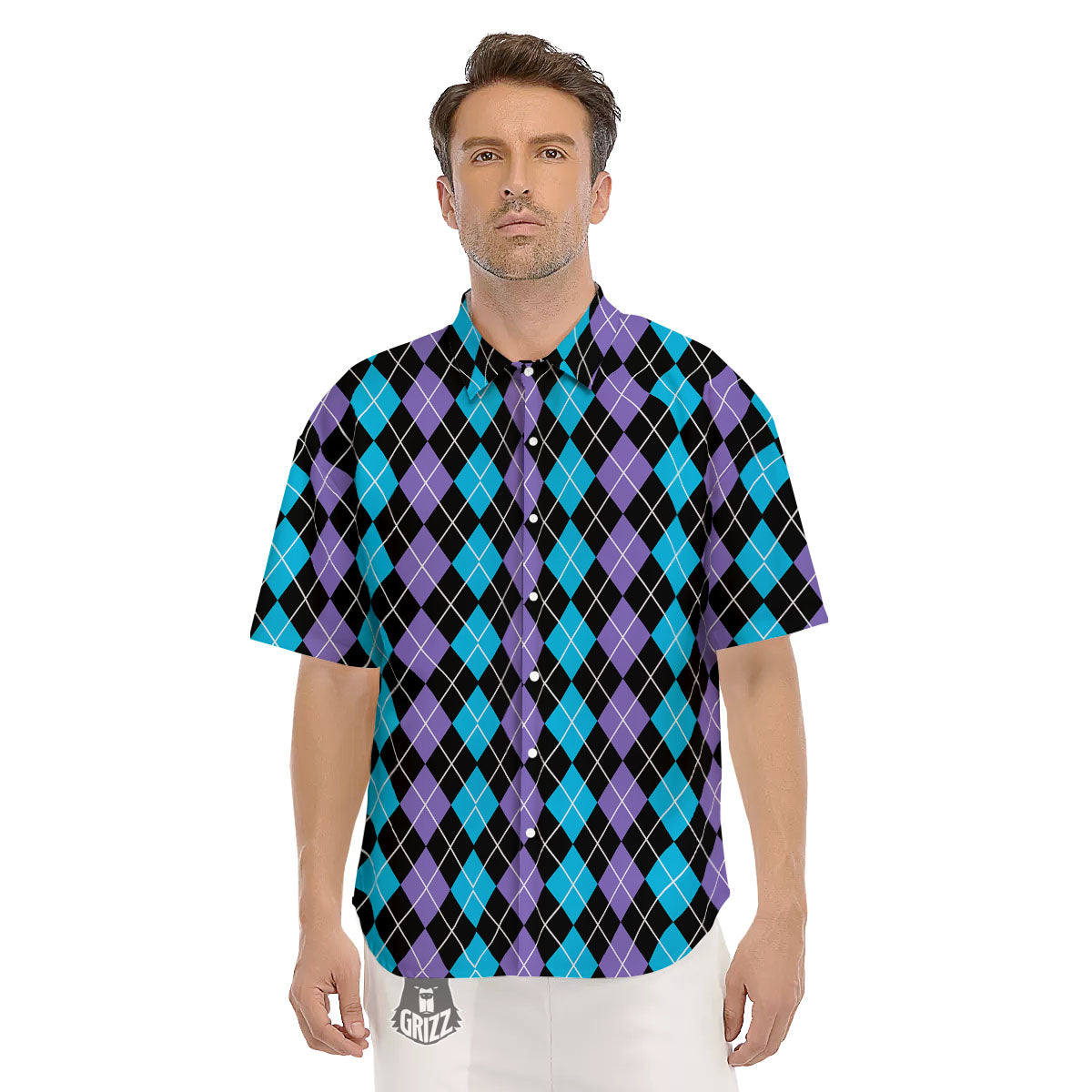 Black Purple And Blue Argyle Print Pattern Men's Short Sleeve Shirts-grizzshop